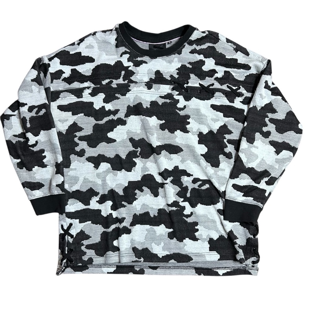 Nanette Lepore Womens Pullover Sweater Size M Camo Side Ties Black Grey White